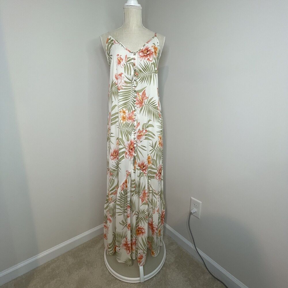 Vestique Floral Full Button Thigh Slit V Neck Maxi Dress Tropical Boho Womens L